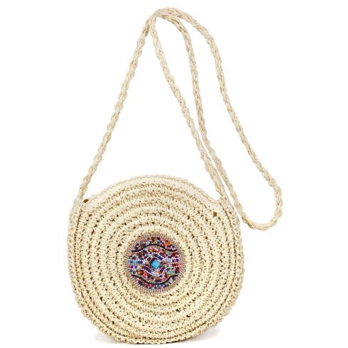 Round paper straw woven handbag 