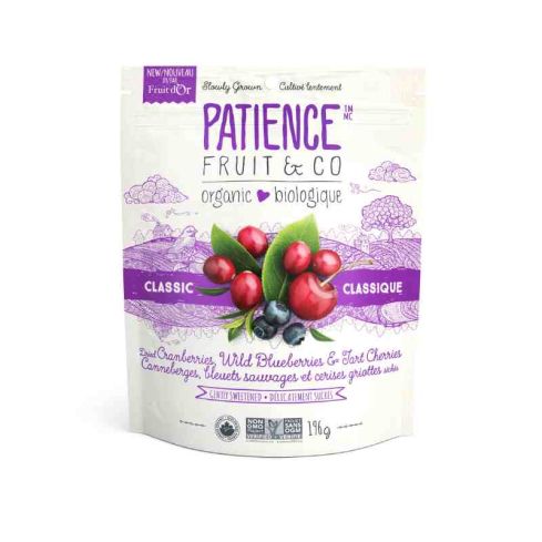 Patience Organic Dried Whole & Soft Cranberries, Wild Blueberries, Goldenberries & Tart Cherries, Gently Sweetened 196 g