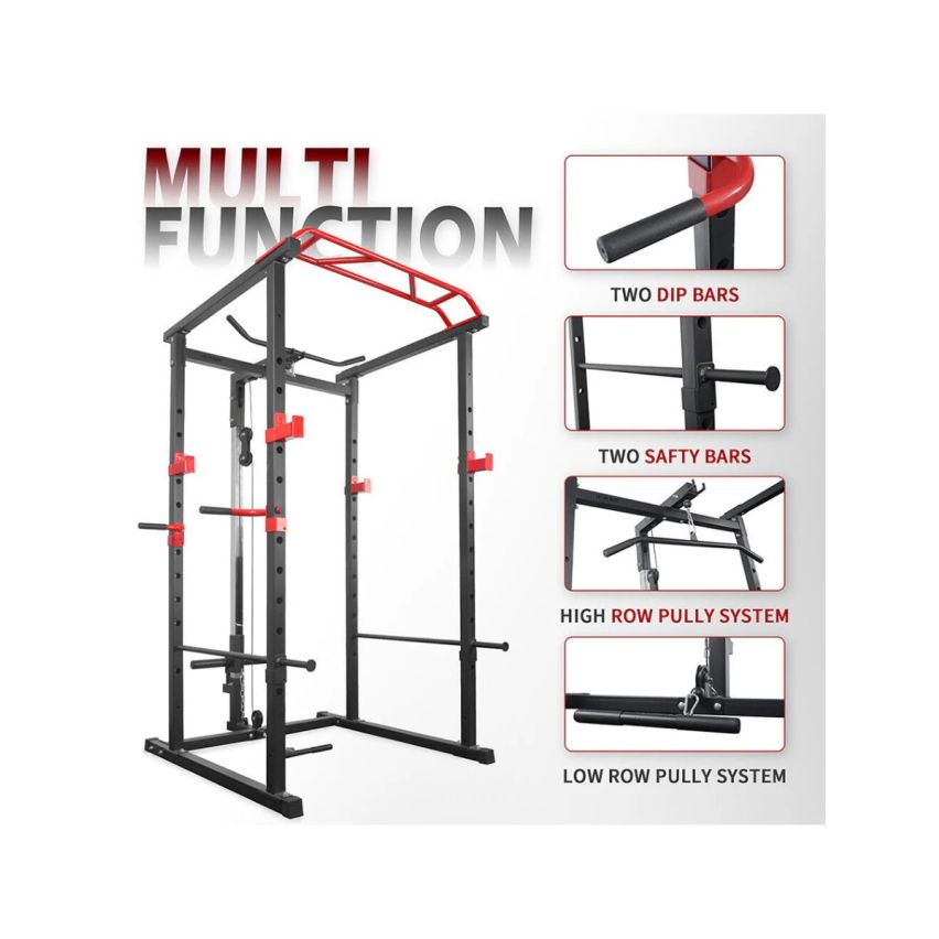 1441 Fitness Heavy Duty Squat Rack & Power Cage with Pull Up Bar and Lat Attachment J008 - Grey Color Frame