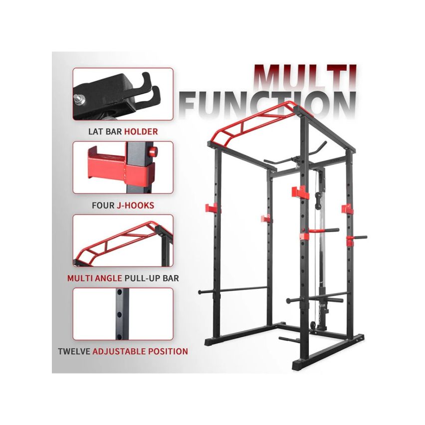 1441 Fitness Heavy Duty Squat Rack & Power Cage with Pull Up Bar and Lat Attachment J008 - Grey Color Frame