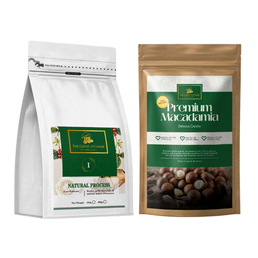 The Caphe Vietnam Combo - Natural Process Whole Bean Coffee 500g | Premium Macadamia Nuts VIP Size 500g - Pack Of 2