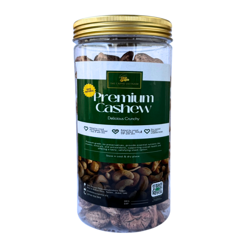 The Caphe Vietnam Premium Wood Fire Roasted Cashews, Slightly Salted With Skin Size A VIP Cashew-1KG
