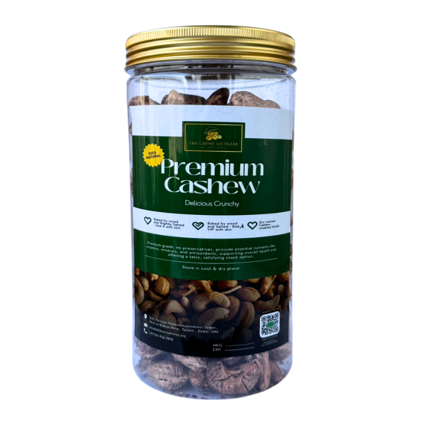 The Caphe Vietnam Premium Wood Fire Roasted Cashews, Slightly Salted Cashew With Skin Size A