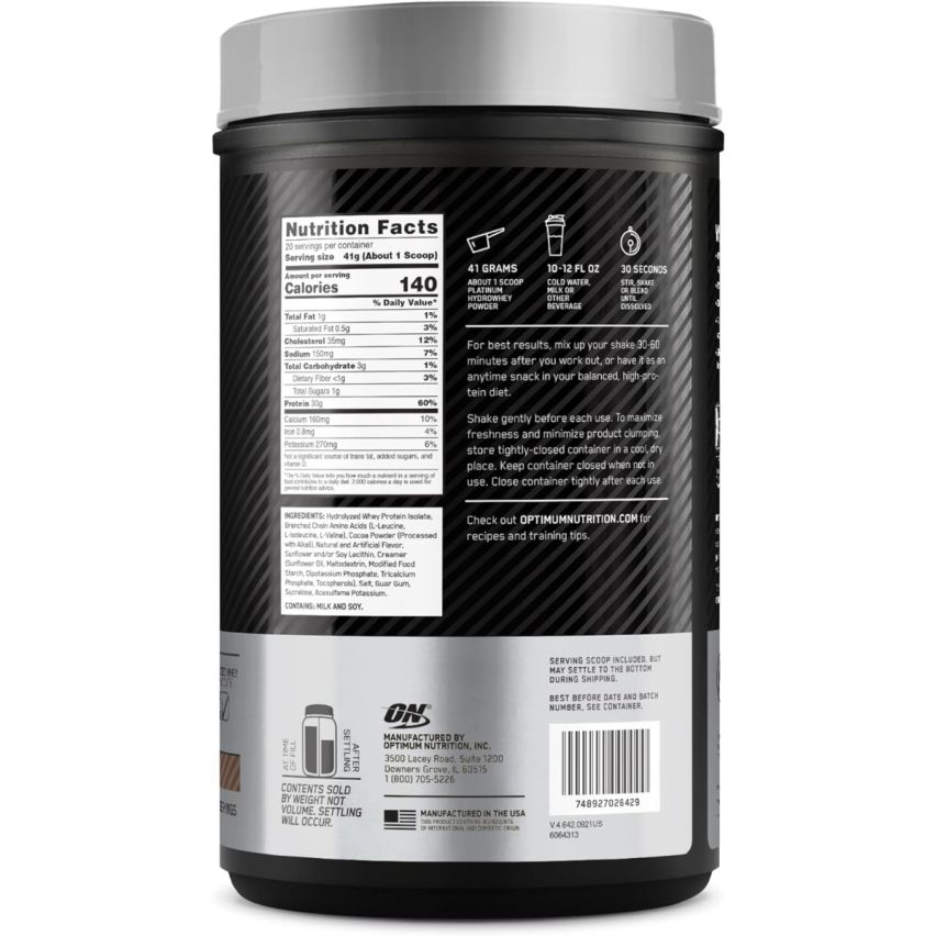 Optimum Nutrition (ON) Platinum Hydrowhey Protein Powder, 30 Grams of Protein for Muscle Support & Recovery, 100% Hydrolyzed Whey Protein Isolate Powder - Turbo Chocolate, 1.75 Lbs, 20 Servings (820 G)
