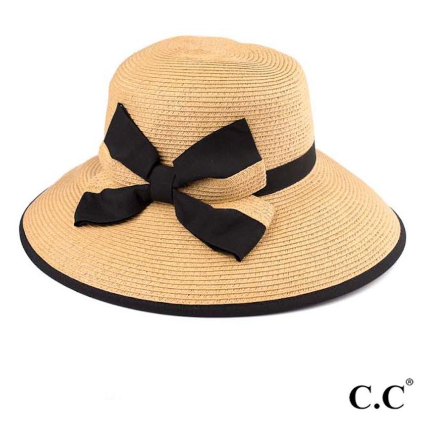 Wide brim sun hat with decorative ribbon and bow