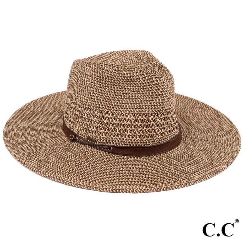Paper straw wide brim Panama hat with faux leather string band