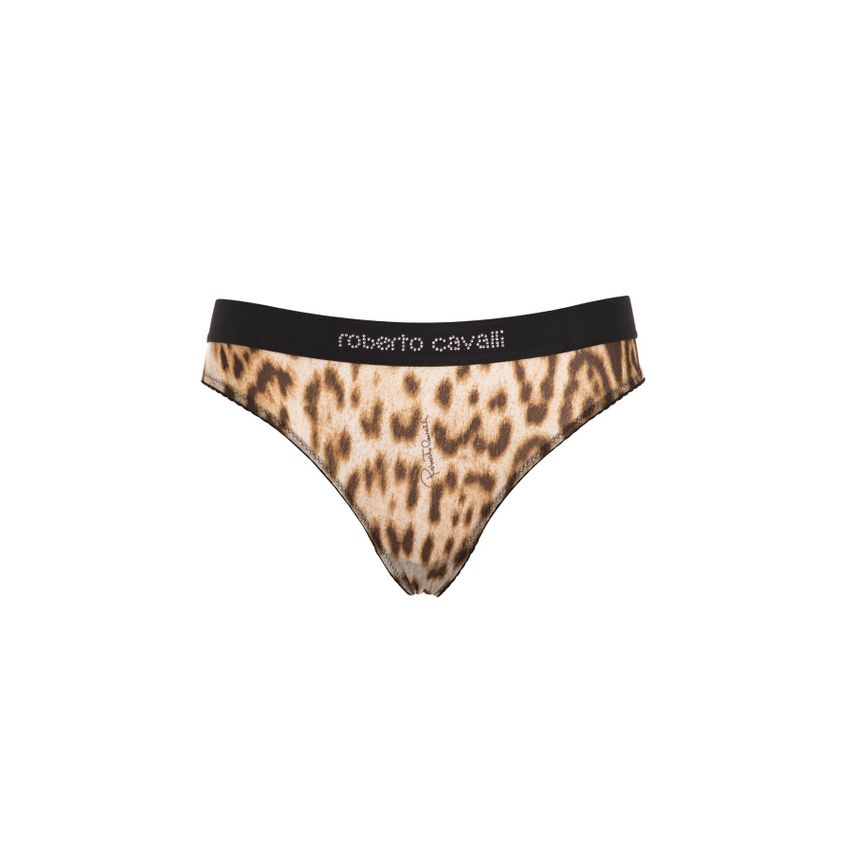 Roberto Cavalli's Tiger Print Panties with Glitter Logo, Size 42-42