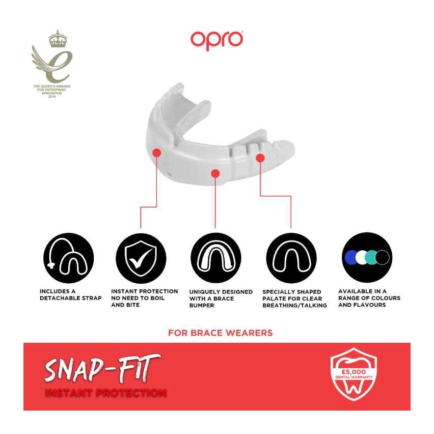 Opro Mouthguard Snap-Fit Braces Full Pack+Strap  White