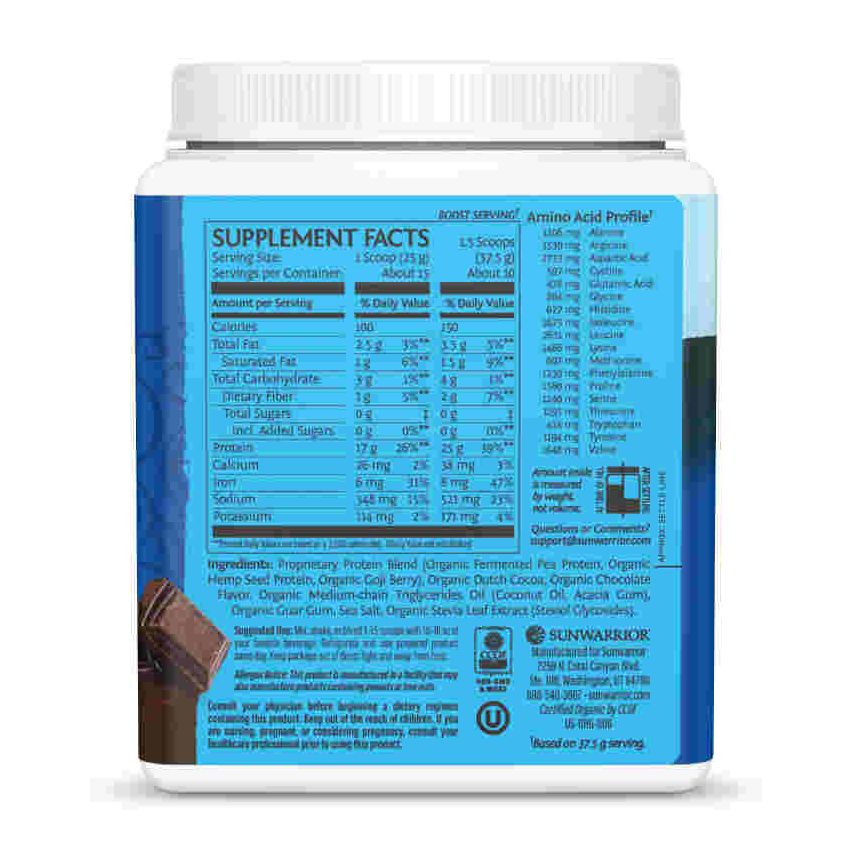 Sunwarrior - Warrior Blend High Performance| Plant-Based | Keto-Friendly |Vegan |Organic Protein Powder Chocolate 375 g