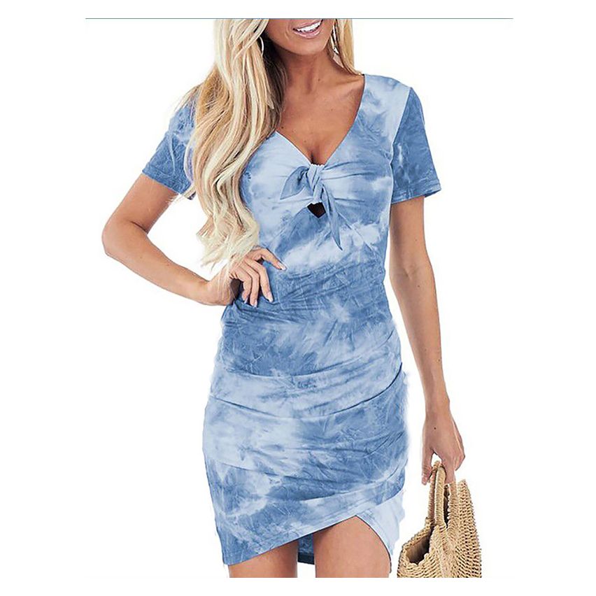 Lizzy Blue V Neck Tie Dye Print Dress, Size M