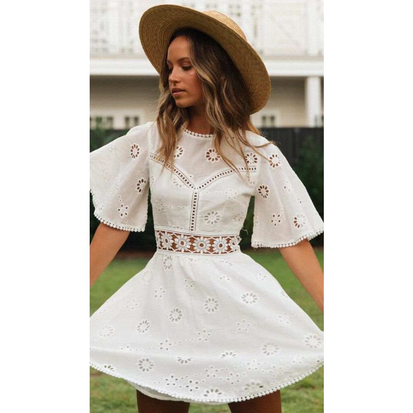 Farah Dress - Backless Embroidery White Dress, Size M