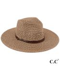 Paper straw wide brim Panama hat with faux leather string band